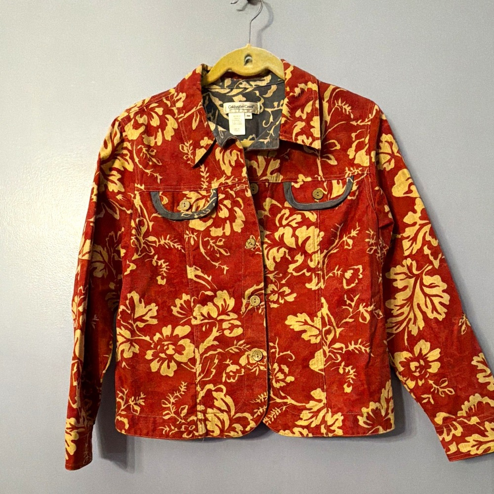 Women M Cottagecore Denim Jacket Red Cotton Western Cowgirl Coastal Boho Rodeo